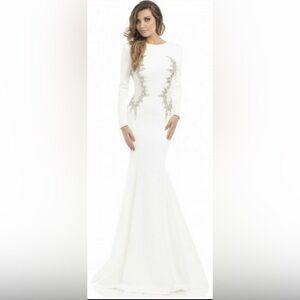 Elegant White Long Sleeve Dress with Silver Accents